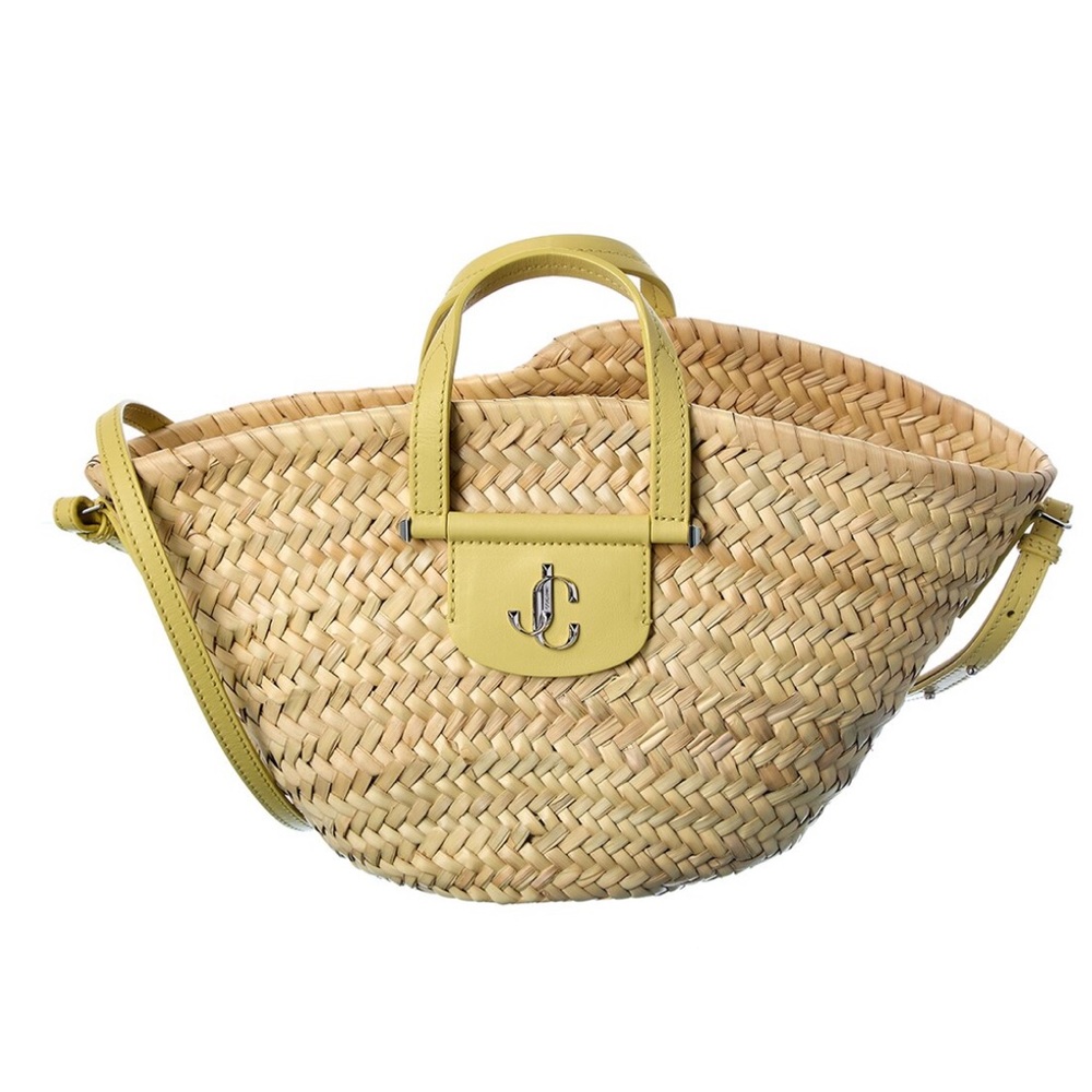New - Women Jimmy Choo Macy Small Raffia & Leather Tote, Natural